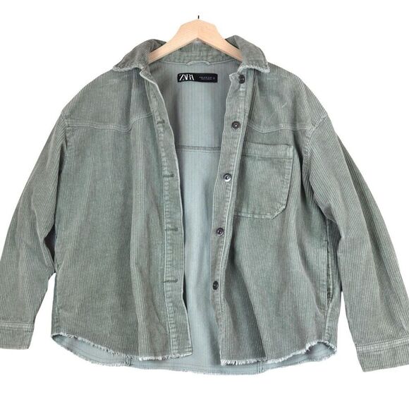 Zara Oversized Boxy Corduroy Shacket Women’s Sage Green Button-Up Shirt Jacket M - Picture 5 of 10